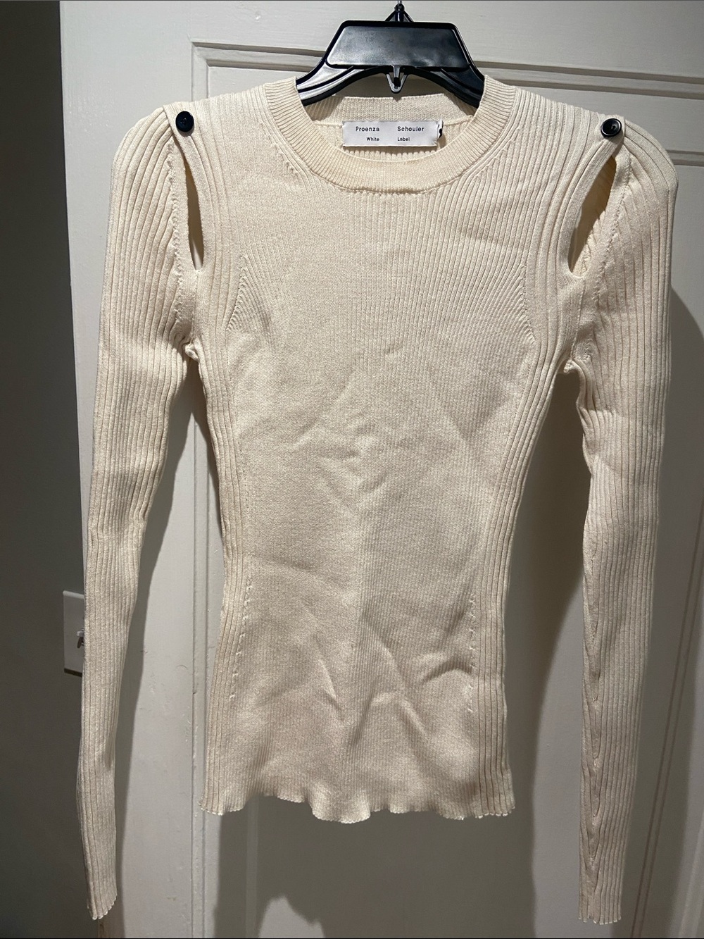 Proenza Schouler Cream Ribbed Button-Shoulder Sweater Top
